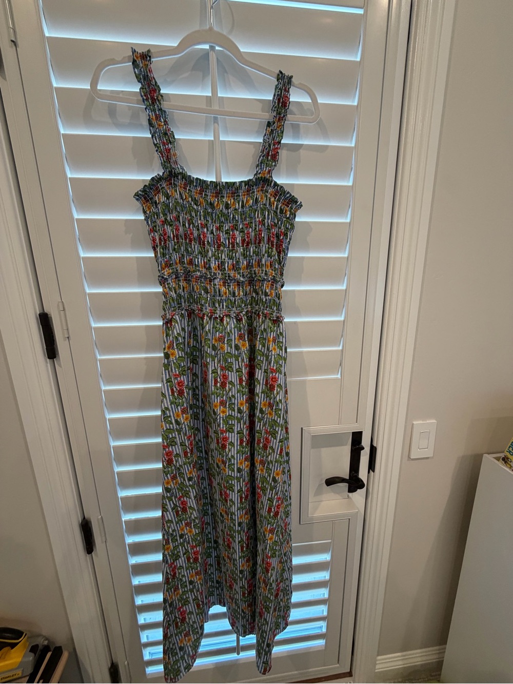 Hill House Garden Stripe Smocked Maxi Dress - Green & Red Floral